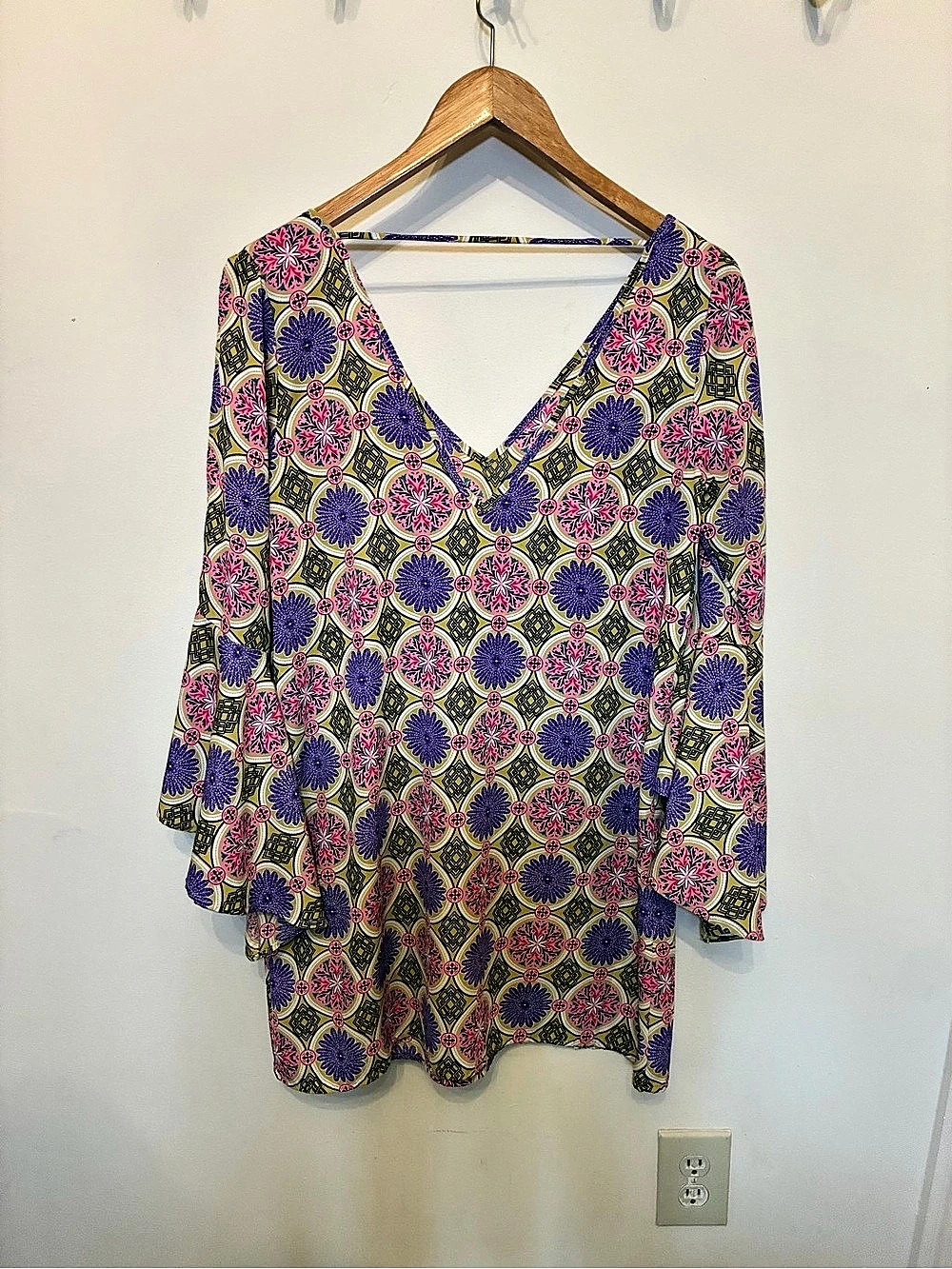 Geometric V-Neck Tunic in Purple & Pink